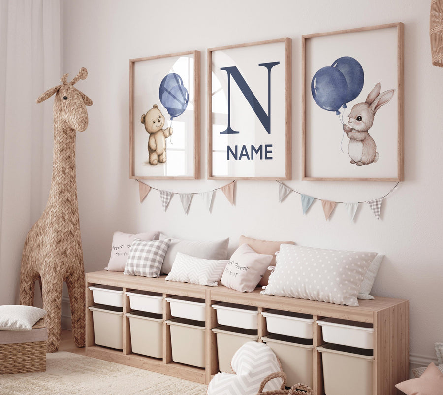 Navy balloon nursery art, bear and bunny print, personalized baby name poster, blue animal wall decor, gender-neutral nursery artwork
