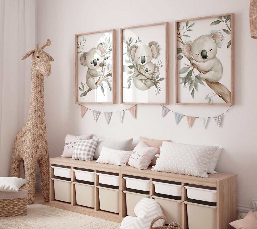 Koala Nursery Wall Art, Baby Koala Print Set, Woodland Animal Prints, Neutral Nursery Decor, Baby Shower Gift, Eucalyptus Wall Art