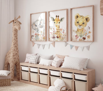 Floral Safari Animal Nursery Wall Art Set of 3 - Giraffe Elephant Lion Prints - Baby Girl Jungle Decor - Boho Neutral Nursery Posters