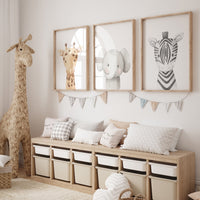 Safari Animal Nursery Wall Art Set of 3 - Giraffe Elephant Zebra Prints - Baby Room Decor - Gender Neutral Jungle Animal Poster Set