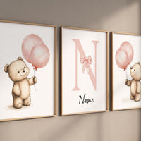 Bear Balloon Nursery Wall Art Set of 3 - Personalized Baby Name Print for Girl - Blush Pink Teddy Bear Baby Room Decor - Nursery Posters