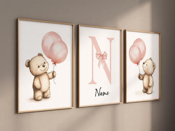 Bear Balloon Nursery Wall Art Set of 3 - Personalized Baby Name Print for Girl - Blush Pink Teddy Bear Baby Room Decor - Nursery Posters