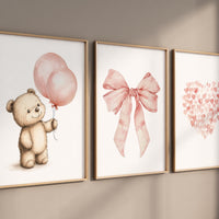 Pink Bear Balloon Nursery Wall Art – Blush Bow and Heart Prints – Baby Girl Room Decor – Cute Animal Baby Shower Gift Set