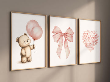 Pink Bear Balloon Nursery Wall Art – Blush Bow and Heart Prints – Baby Girl Room Decor – Cute Animal Baby Shower Gift Set