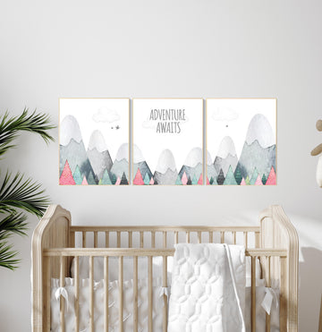 Adventure Awaits Nursery Wall Art Set of 3 - Mountain Forest Baby Room Decor - Boho Gender Neutral Prints - Kids Travel Theme Poster