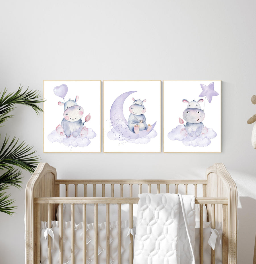 Nursery prints hippo, hippos, animal prints, purple nursery, nursery decor girl, hippopotamus, cute hippo, nursery wall art, lilac, lavender