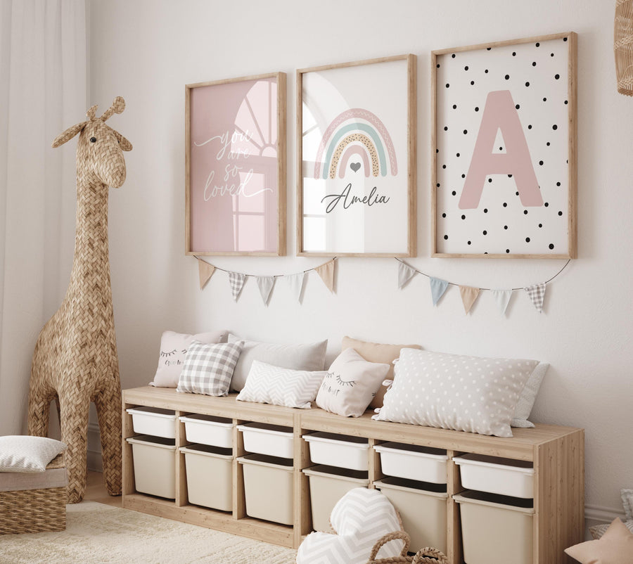 Boho Rainbow Nursery Wall Art, Personalized Name Print, Blush Pink Quote & Initial Poster Set, Baby Girl Room Decor, You Are Loved