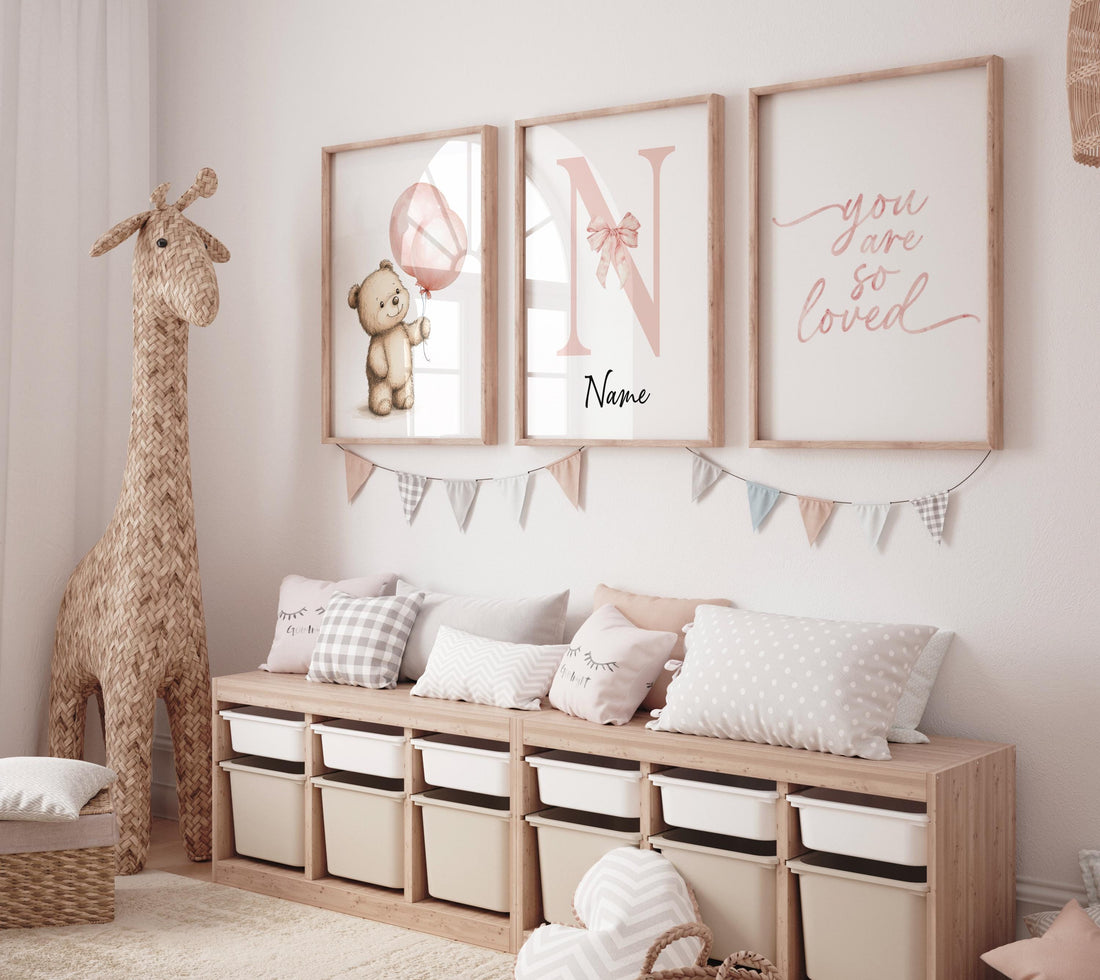 Blush Pink Bear Nursery Wall Art, Personalized Baby Name Print, You Are So Loved Quote, Girl Room Decor, Custom Baby room, girl nursery