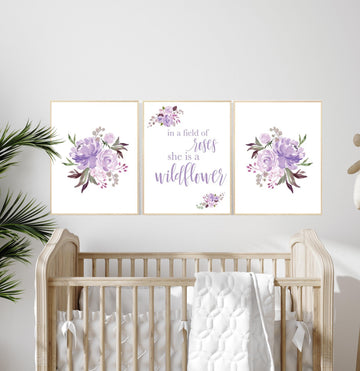 Purple Floral Nursery Wall Art, Wildflower Quote Print, In a Field of Roses She is a Wildflower, Boho Girl Room Decor, Watercolor Flowers