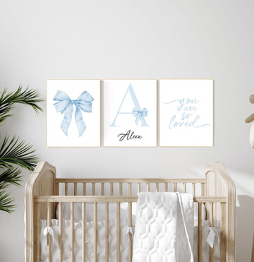 Blue bow nursery prints, Watercolor wall art, Bow nursery print, Blue nursery art set, Watercolor Bow Prints, nursery decor bow