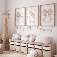 Pink Floral Nursery Wall Art Set of 3 - Bow Name Print for Baby Girl - Custom Initial Poster - Elegant Baby Girl Room Decor, girls room
