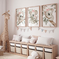 Koala Nursery Wall Art Set, Baby Girl Animal Prints, Floral Koala Bear Posters, Woodland Nursery Decor, cute Koala Baby Room Art, girls room