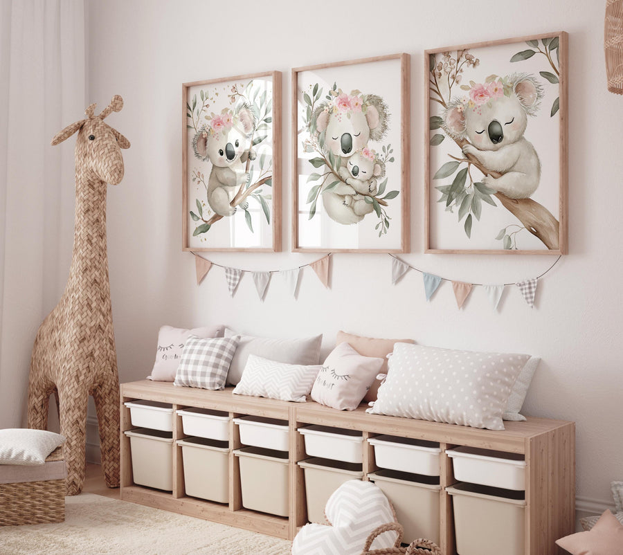 Koala Nursery Wall Art Set, Baby Girl Animal Prints, Floral Koala Bear Posters, Woodland Nursery Decor, cute Koala Baby Room Art, girls room