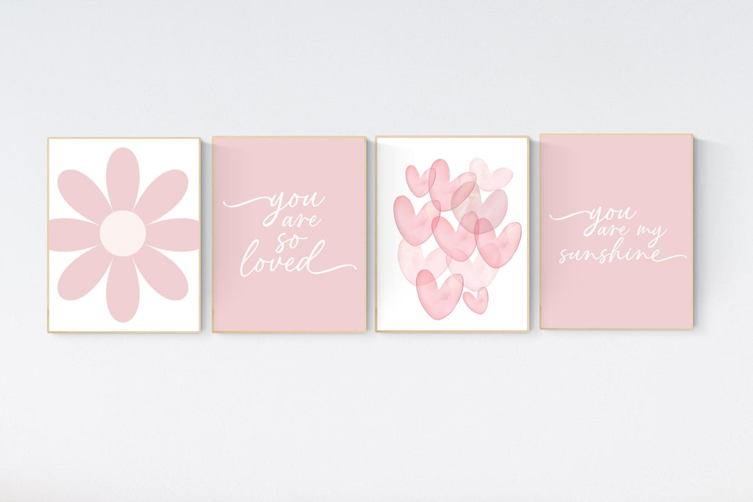 Flower nursery, flower prints for girls room, you are my sunshine, blush nursery, Girl bedroom art, heart print, girls room decor, baby girl