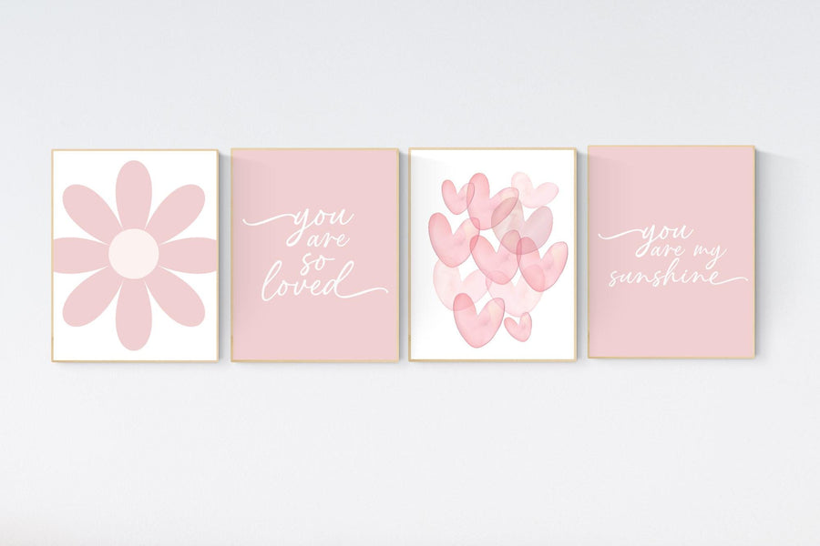 Flower nursery, flower prints for girls room, you are my sunshine, blush nursery, Girl bedroom art, heart print, girls room decor, baby girl