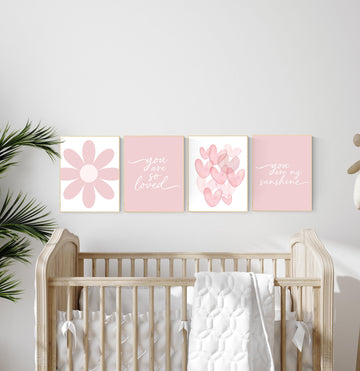 Flower nursery, flower prints for girls room, you are my sunshine, blush nursery, Girl bedroom art, heart print, girls room decor, baby girl