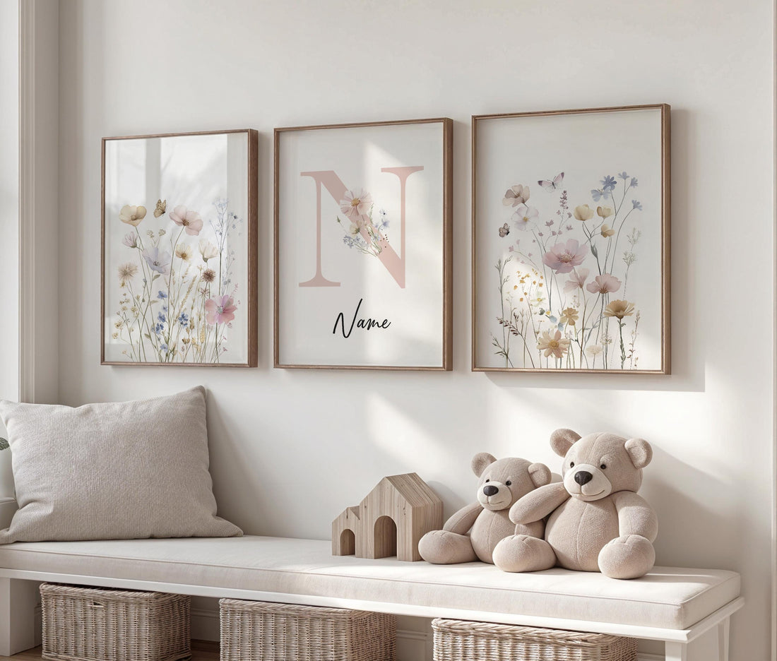 Personalized floral nursery art, wildflower name print, boho nursery,botanical baby room decor, pastel flower nursery print, name wall art