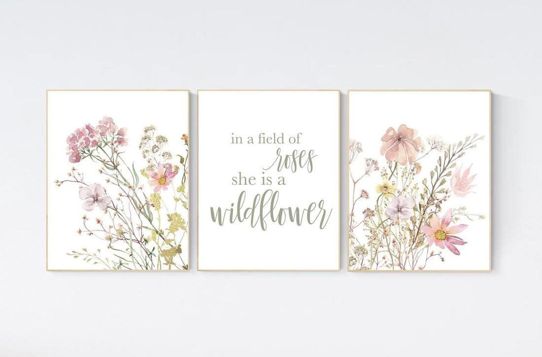 Boho Nursery wall art, Wildflower Nursery Decor, Floral Nursery, Girl Nursery Decor, In a field of roses she is a wildflower