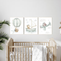 Bear nursery art, adventure nursery prints, sage nursery, hot air balloon bear, sailboat bear art, airplane bear print, baby boy wall decor