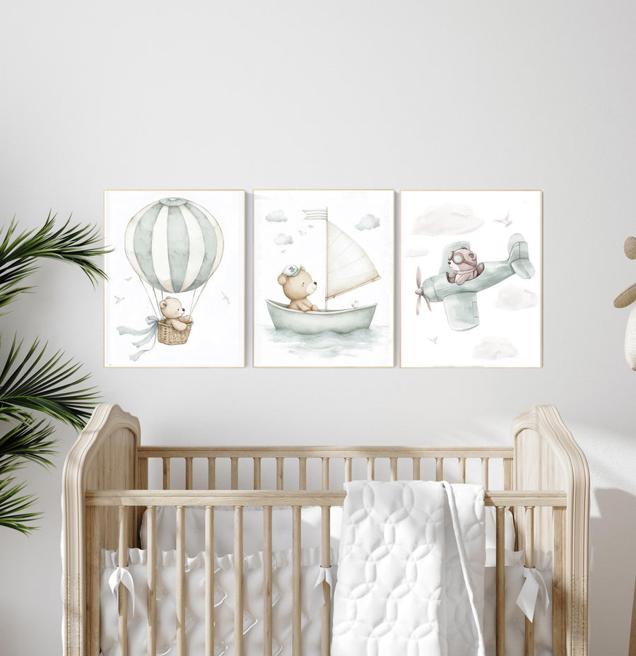 Bear nursery art, adventure nursery prints, sage nursery, hot air balloon bear, sailboat bear art, airplane bear print, baby boy wall decor