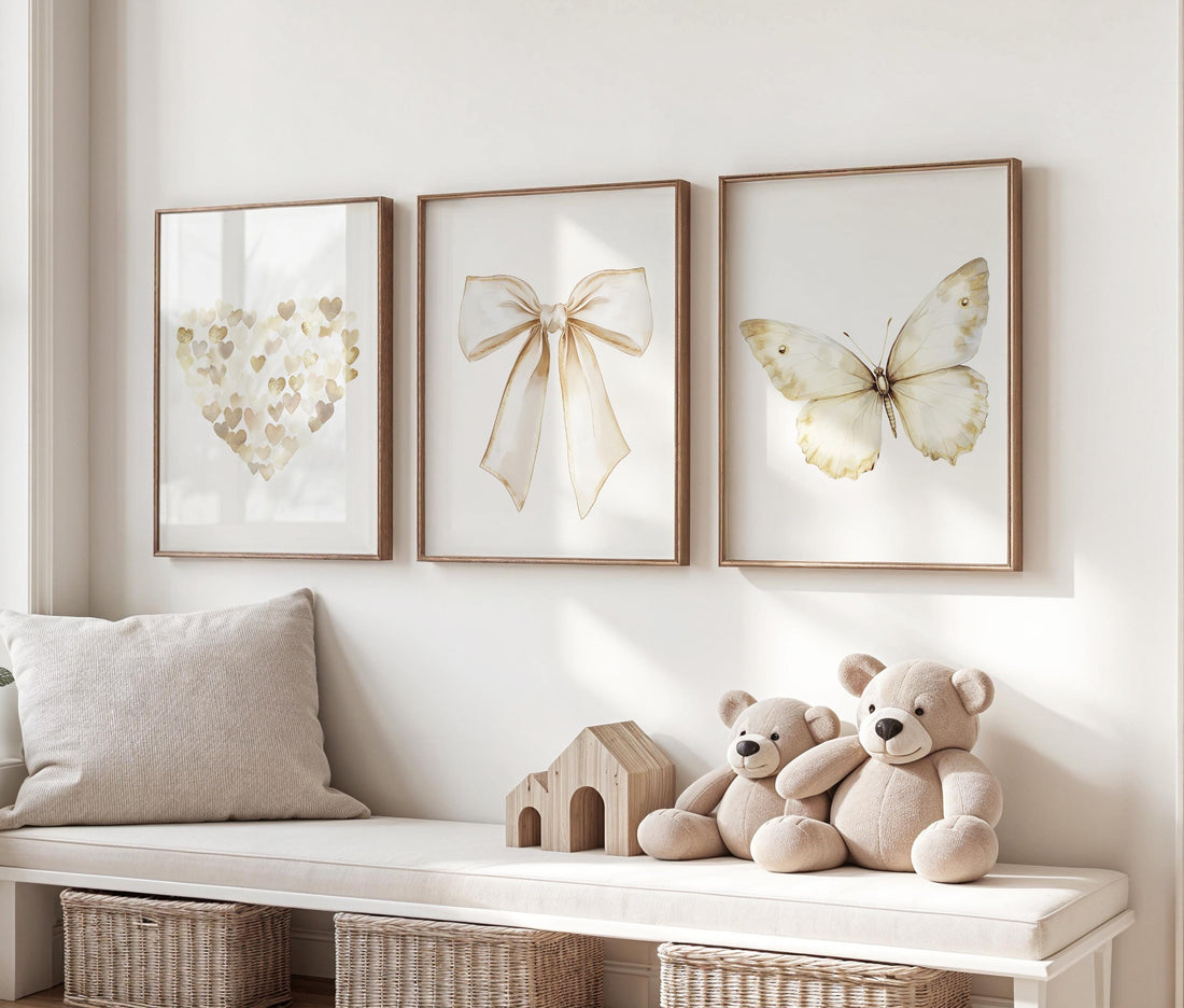 Beige gold wall art set with heart, bow, and butterfly prints. Neutral nursery, modern decor for bedroom, nursery, girls room, teen room