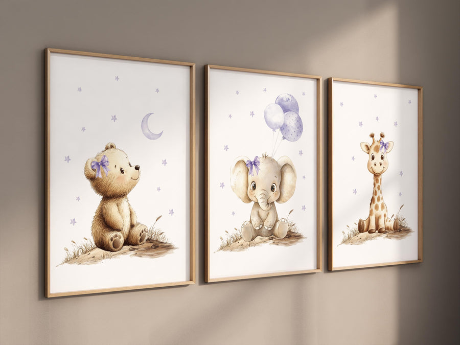 Baby girl nursery wall art set, purple and beige animal prints with elephant, bear, giraffe, neutral safari nursery decor, baby room prints