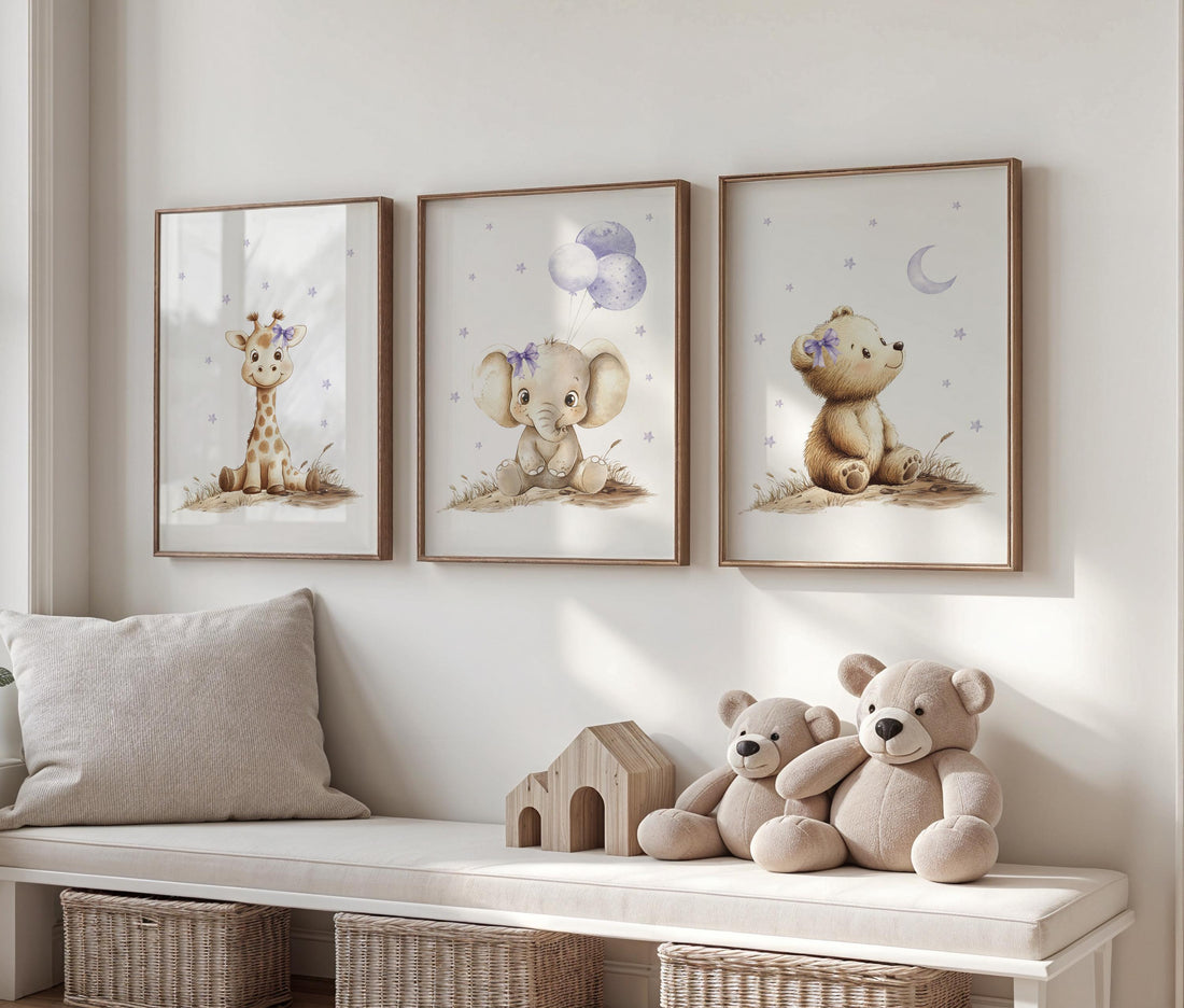 Baby girl nursery wall art set, purple and beige animal prints with elephant, bear, giraffe, neutral safari nursery decor, baby room prints