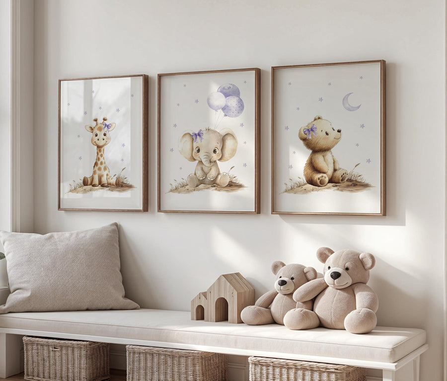 Baby girl nursery wall art set, purple and beige animal prints with elephant, bear, giraffe, neutral safari nursery decor, baby room prints