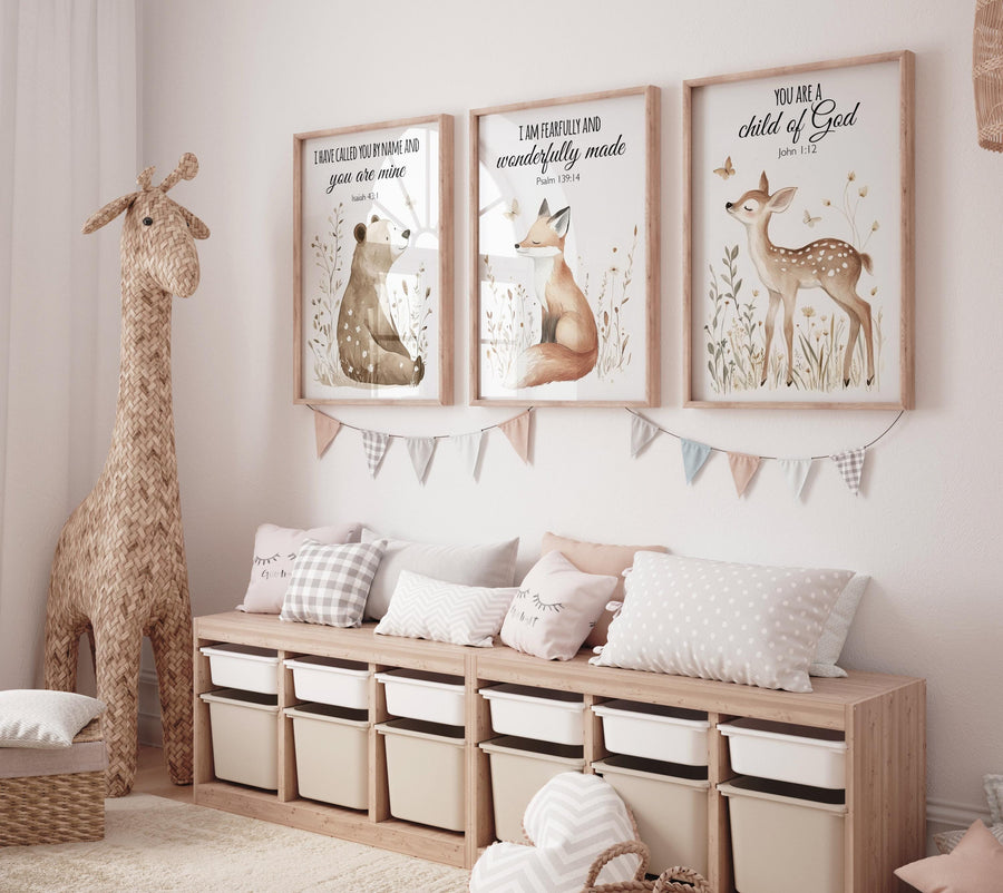 Woodland nursery Bible verse wall art set, bear fox deer scripture prints, Christian baby room decor, gender neutral nursery wall art set