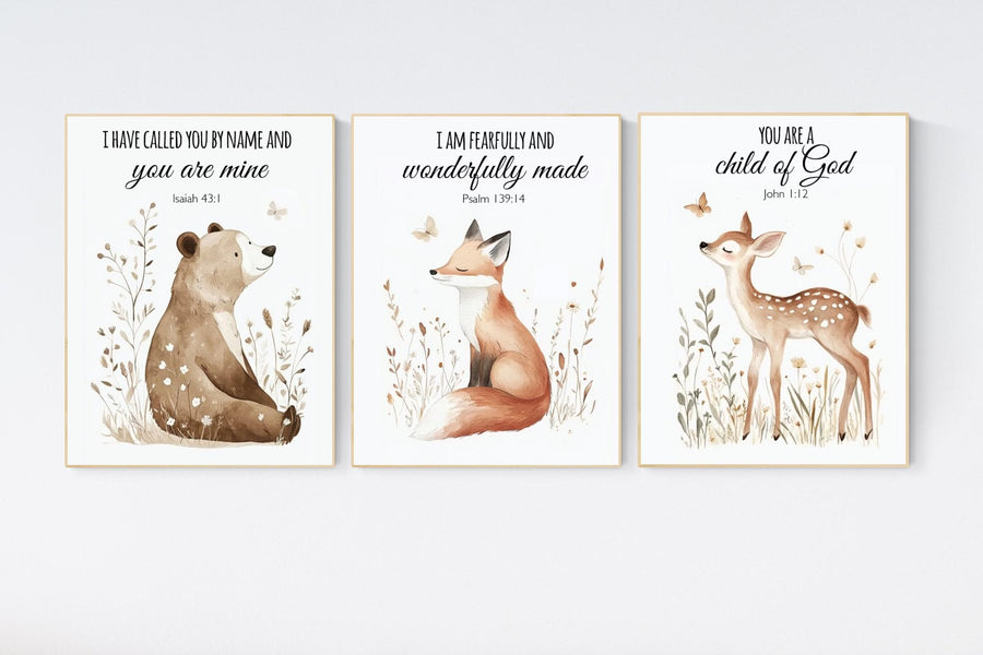 Woodland nursery Bible verse wall art set, bear fox deer scripture prints, Christian baby room decor, gender neutral nursery wall art set