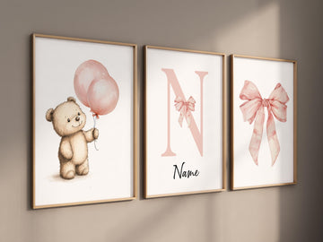 Personalized bear nursery art, blush pink teddy bear wall art, nursery balloon bear prints, baby girl name wall decor, pink bow wall art