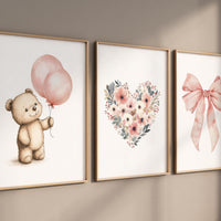 Blush teddy bear wall art, floral heart nursery prints, pink bow nursery decor, baby girl wall art, nursery balloon bear print set