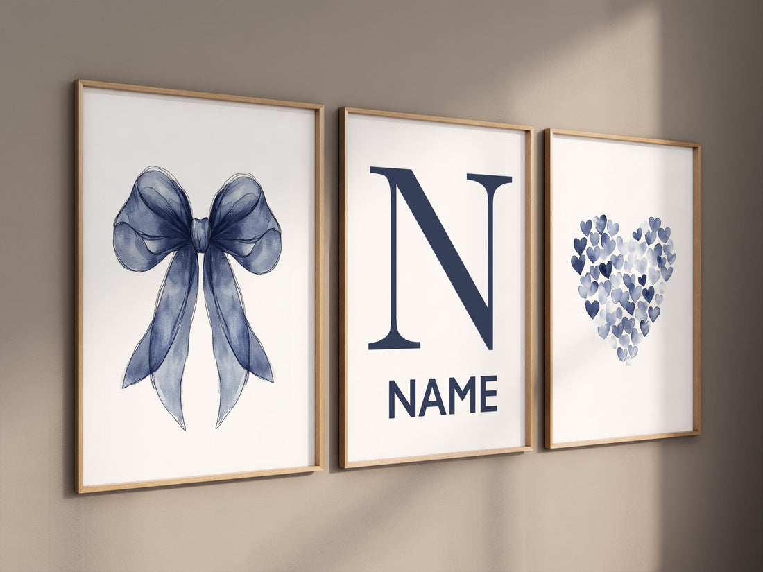 Navy bow wall art, boy nursery name print, custom navy heart decor, baby boy name prints, navy blue nursery set, gender neutral boy art