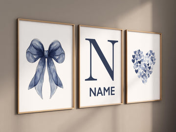 Navy bow wall art, boy nursery name print, custom navy heart decor, baby boy name prints, navy blue nursery set, gender neutral boy art