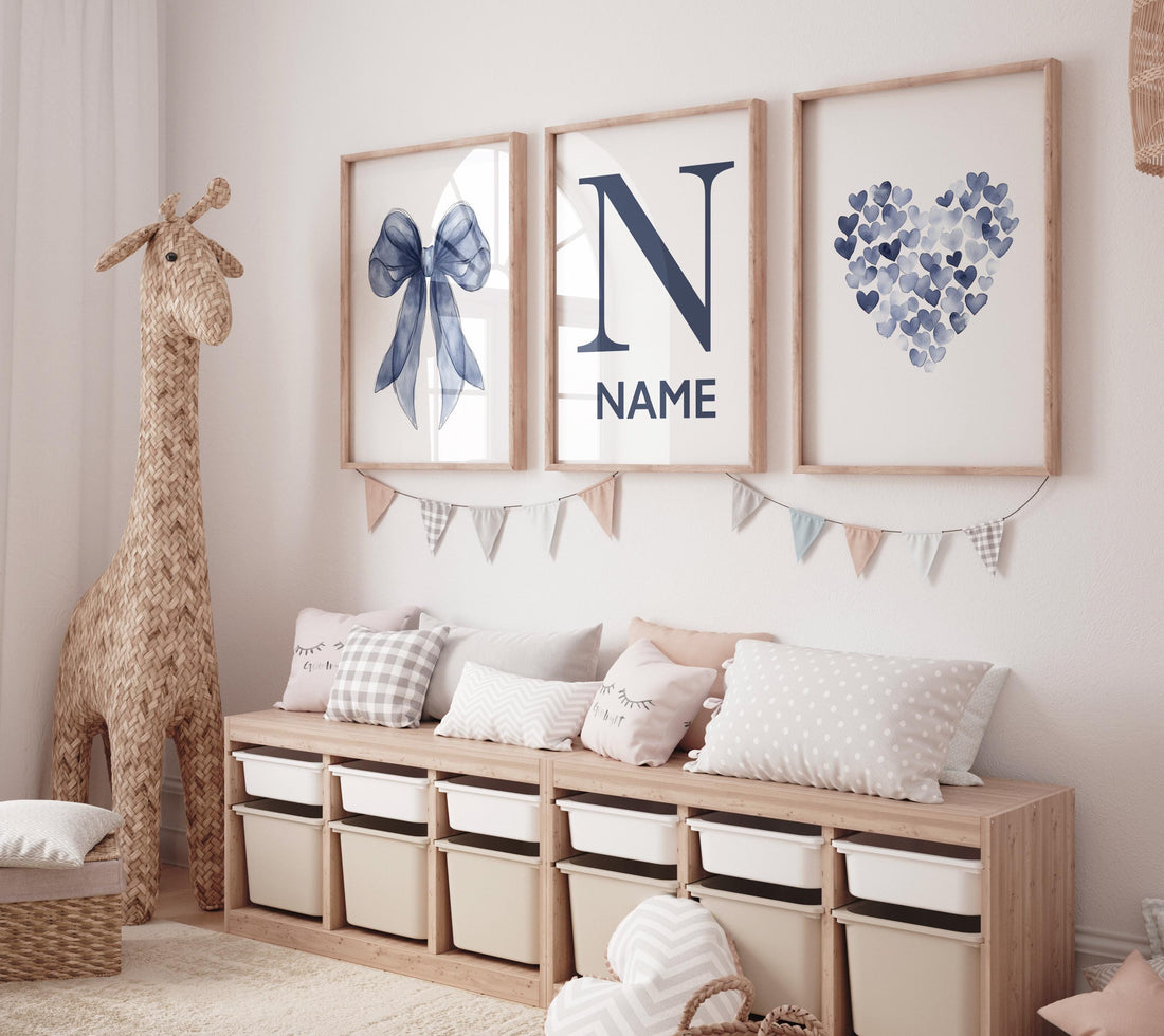 Navy bow wall art, boy nursery name print, custom navy heart decor, baby boy name prints, navy blue nursery set, gender neutral boy art