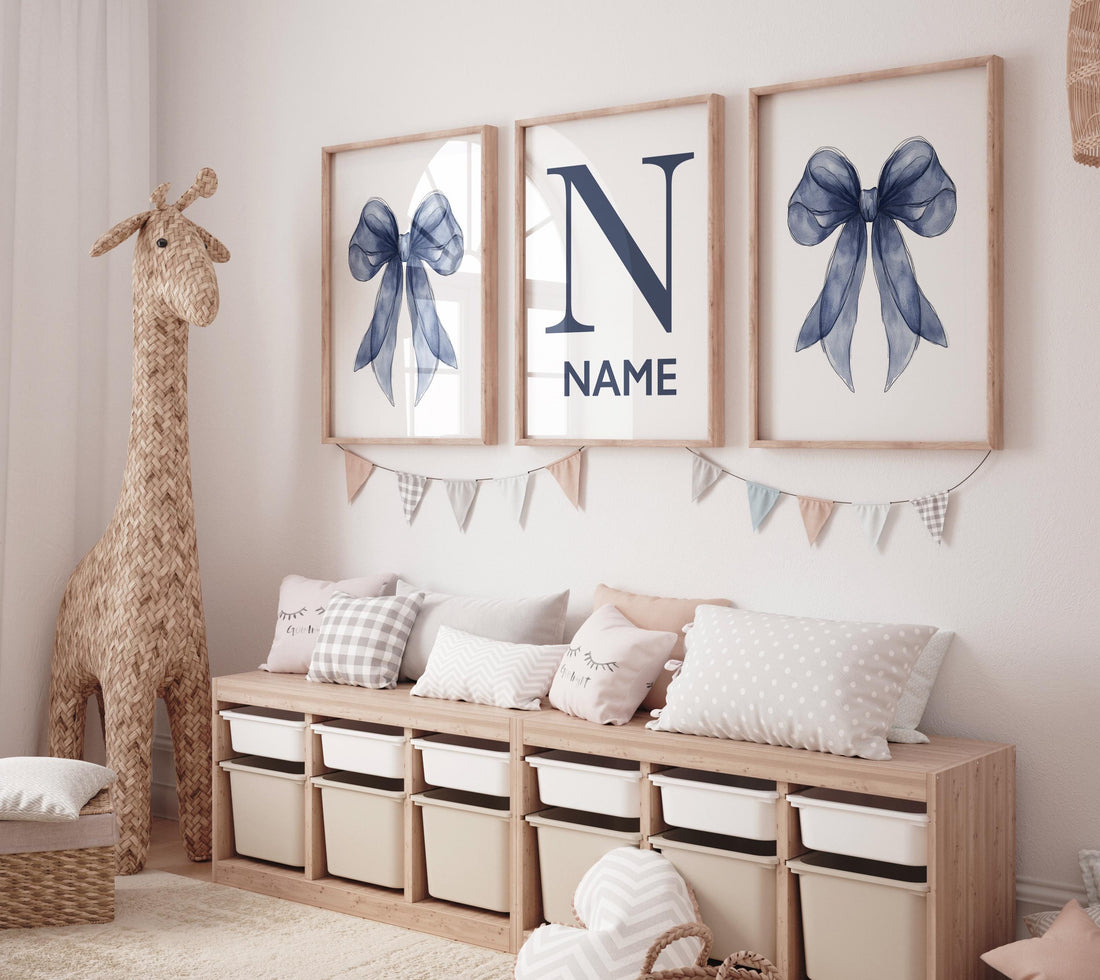 Navy bow nursery art, baby boy name print, custom navy wall decor, navy blue bow prints, boy nursery wall set, modern boy room art