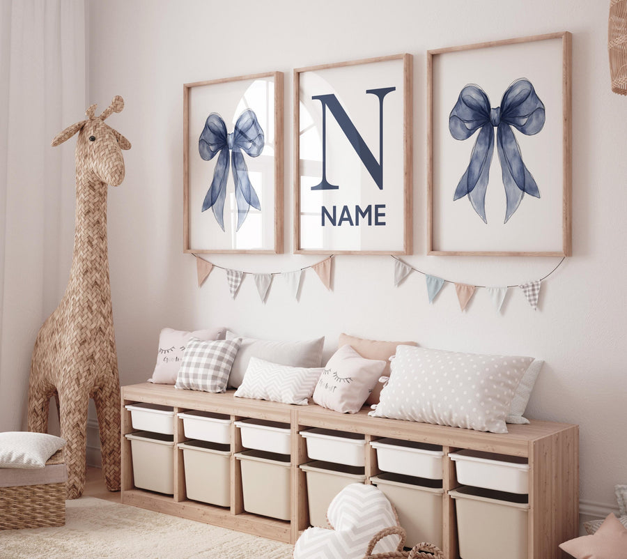 Navy bow nursery art, baby boy name print, custom navy wall decor, navy blue bow prints, boy nursery wall set, modern boy room art