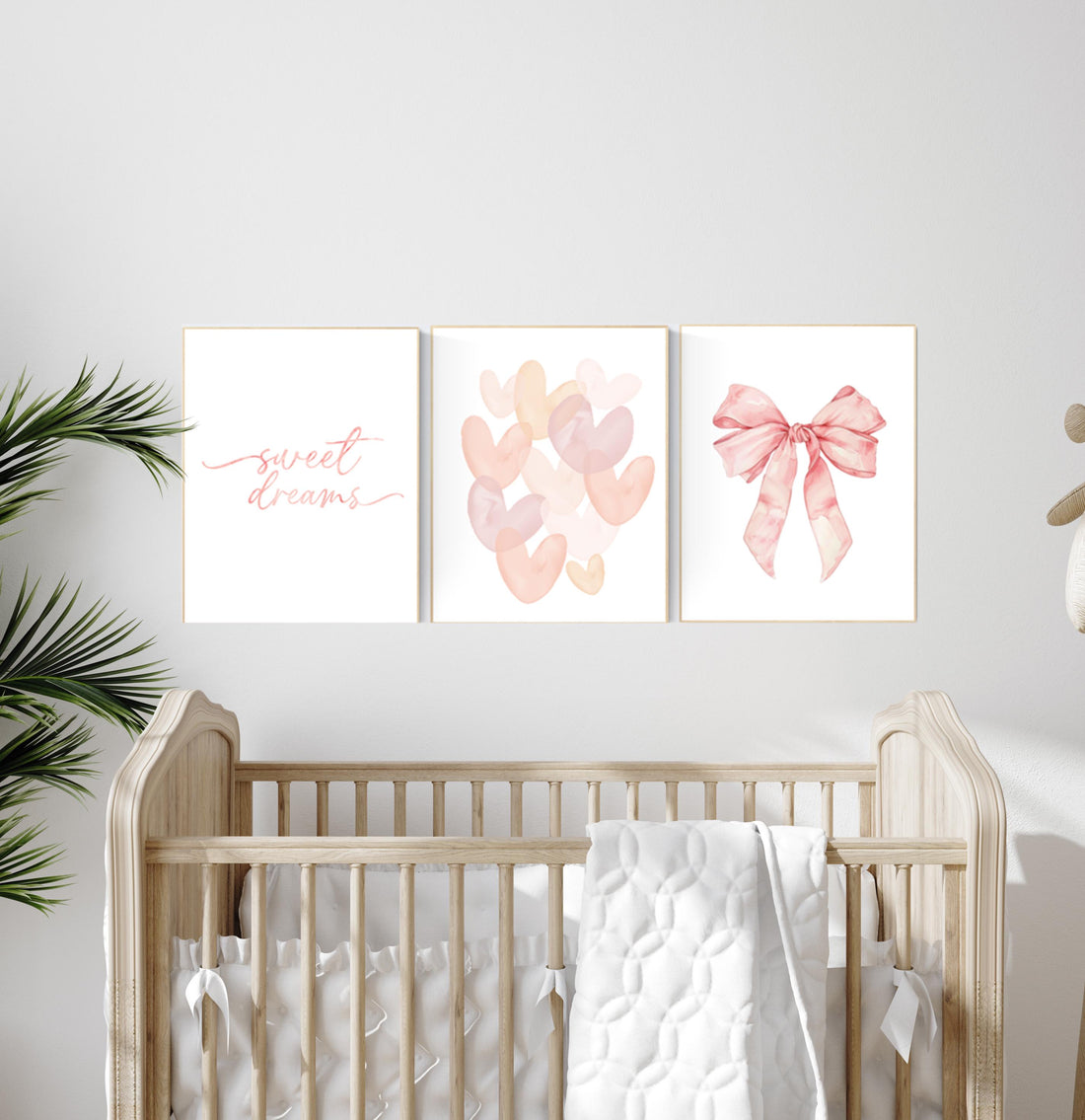 Sweet Dreams Nursery Wall Art Set, Blush Pink Heart and Bow Prints, Girl Bedroom Decor, Soft Pastel Baby Room Art, Dreamy Quote Poster