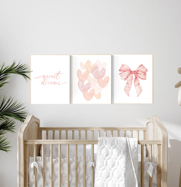 Sweet Dreams Nursery Wall Art Set, Blush Pink Heart and Bow Prints, Girl Bedroom Decor, Soft Pastel Baby Room Art, Dreamy Quote Poster