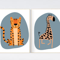 Safari nursery, tiger giraffe wall art, jungle baby room decor, safari print, gender-neutral nursery, blue nursery, safari animal prints