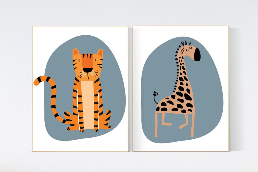 Safari nursery, tiger giraffe wall art, jungle baby room decor, safari print, gender-neutral nursery, blue nursery, safari animal prints