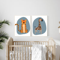 Safari nursery, tiger giraffe wall art, jungle baby room decor, safari print, gender-neutral nursery, blue nursery, safari animal prints