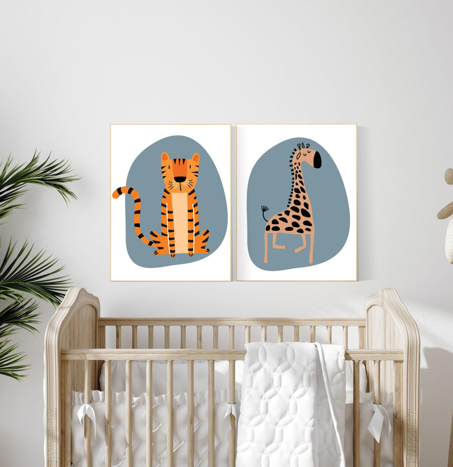 Safari nursery, tiger giraffe wall art, jungle baby room decor, safari print, gender-neutral nursery, blue nursery, safari animal prints