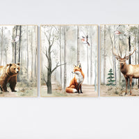 Nursery decor woodland, mountain wall art, tree nursery decor, adventure theme nursery, forest, sage green, beige, woodland animals