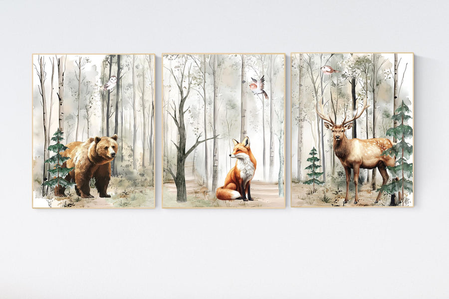 Nursery decor woodland, mountain wall art, tree nursery decor, adventure theme nursery, forest, sage green, beige, woodland animals