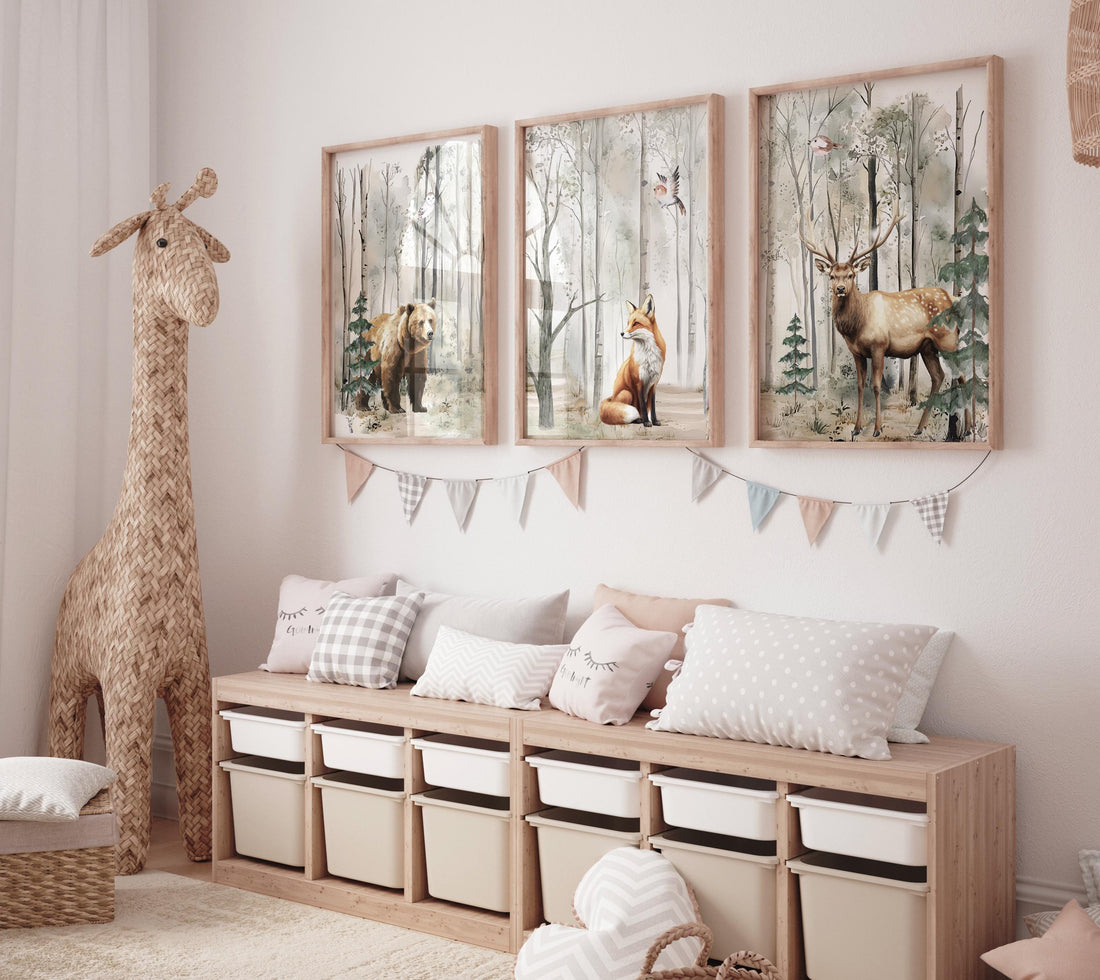 Nursery decor woodland, mountain wall art, tree nursery decor, adventure theme nursery, forest, sage green, beige, woodland animals