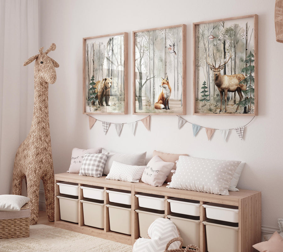 Nursery decor woodland, mountain wall art, tree nursery decor, adventure theme nursery, forest, sage green, beige, woodland animals