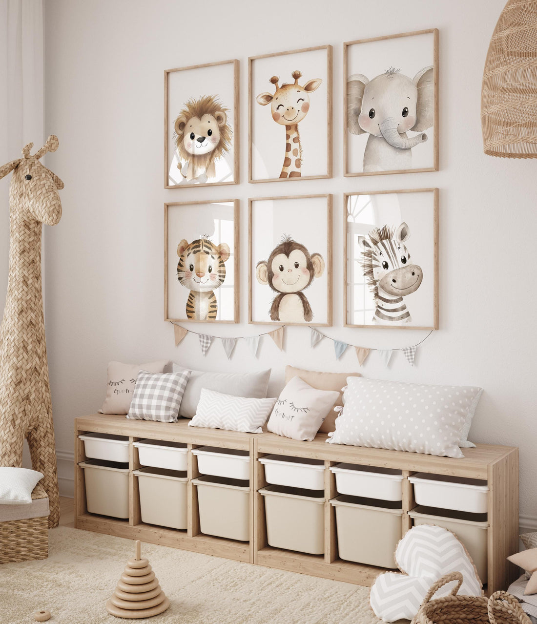 Safari Animal Nursery Wall Art Set of 6, Neutral Jungle Baby Room Decor, Lion Giraffe Elephant Prints, Cute Zoo Animals for Boys or Girls