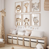 Safari Animal Nursery Wall Art Set of 6, Neutral Jungle Baby Room Decor, Lion Giraffe Elephant Prints, Cute Zoo Animals for Boys or Girls