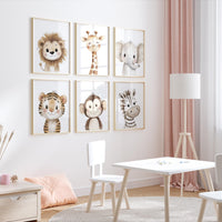 Safari Animal Nursery Wall Art Set of 6, Neutral Jungle Baby Room Decor, Lion Giraffe Elephant Prints, Cute Zoo Animals for Boys or Girls